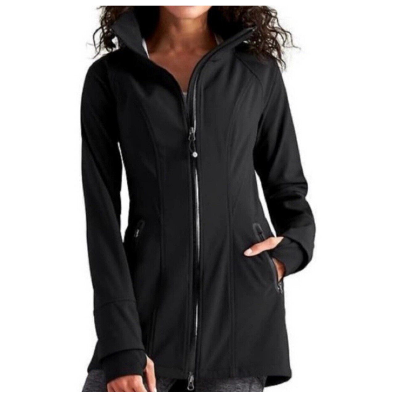 Athleta Jacket Womens Small Long Black Soft Shell Full Zip Bainbridge Trench